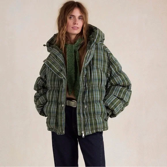 Free People Plaid Puffer Jacket in Green and Blue - Picture 2 of 6